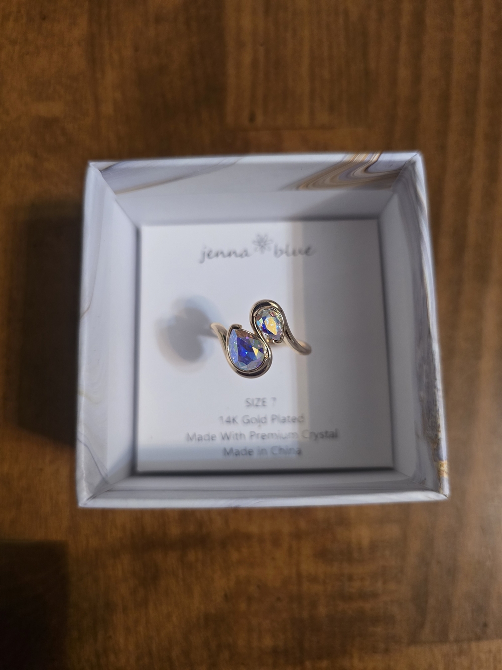 Jenna Blue Gold-Plated Teardrop Ring with Iridescent Blue Crystal
